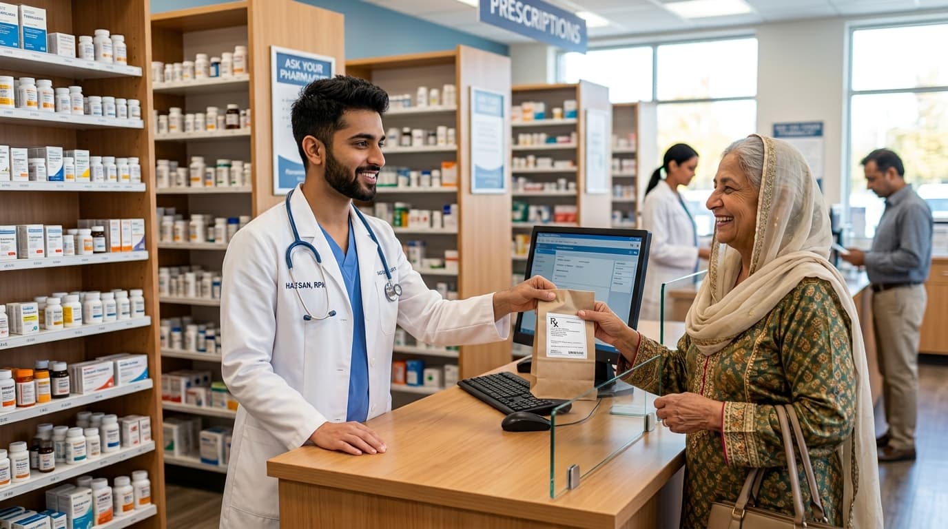 A licensed pharmacist in a white coat handing a sealed prescription package to a customer across a pharmacy counter